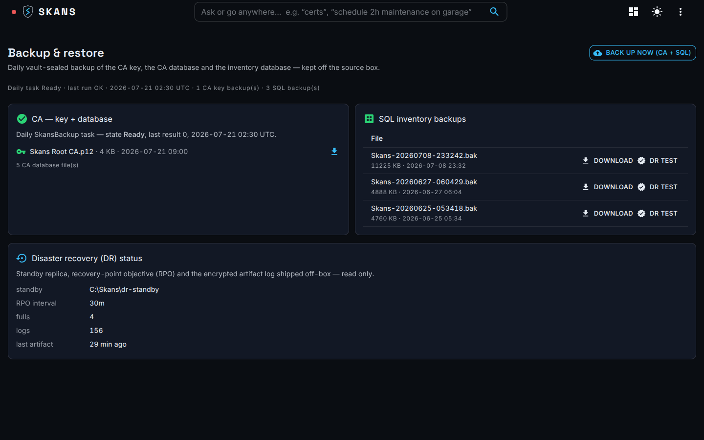Backup and restore view — directory system-state and database backups shipped encrypted off the source machine, with disaster-recovery status.
