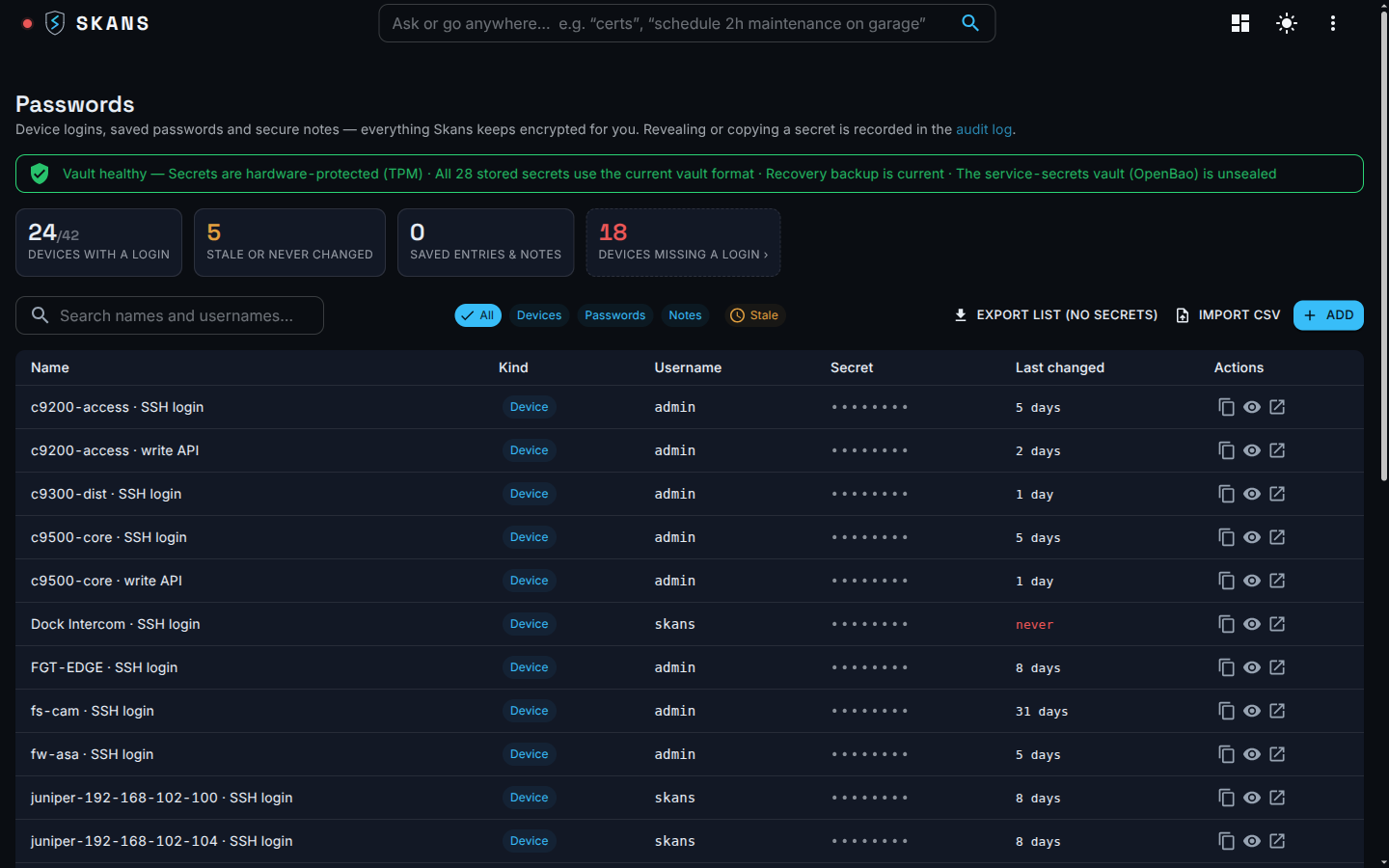 The Skans credential vault — device logins and RADIUS secrets encrypted, TPM-protected, with reveal and copy audited